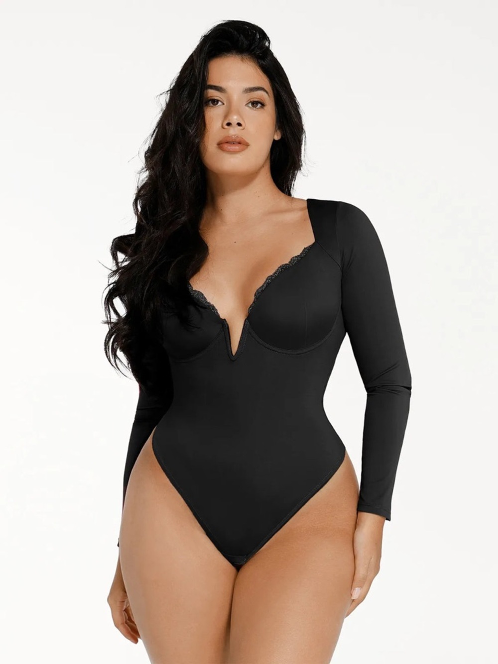 NWT Popilush Shapewear Long Sleeve Lace Trim V-Neck Slimming Bodysuit 3XL